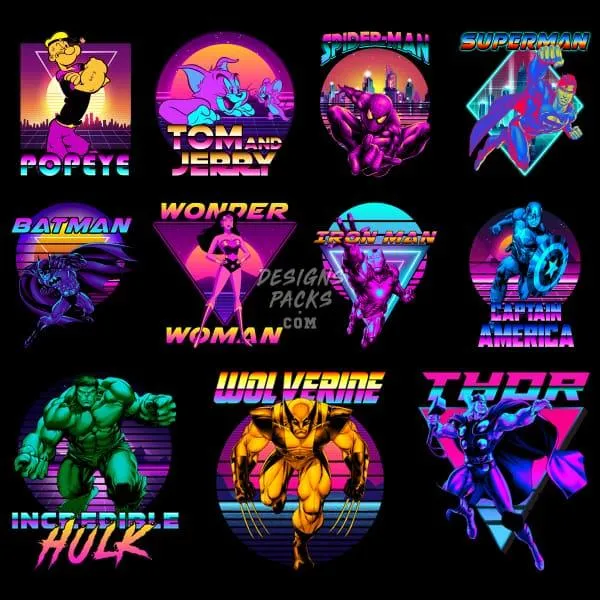 27 Cartoon Mix Retro Neon Designs Bundle PNG