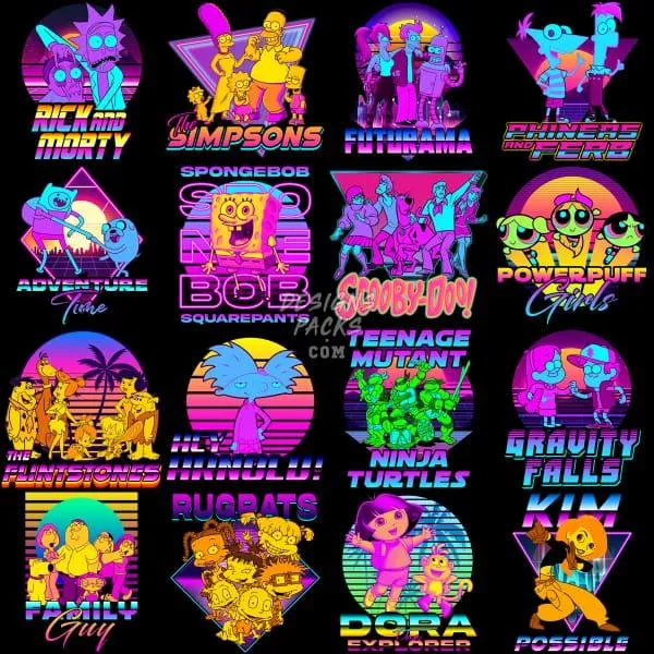 27 Cartoon Mix Retro Neon Designs Bundle PNG