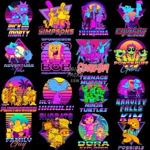 27 Cartoon Mix Retro Neon Designs Bundle PNG