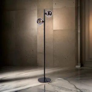 51 Inch Modern Floor Lamp, 2 Side Lights with Round Glass, Black Metal  By Casagear Home