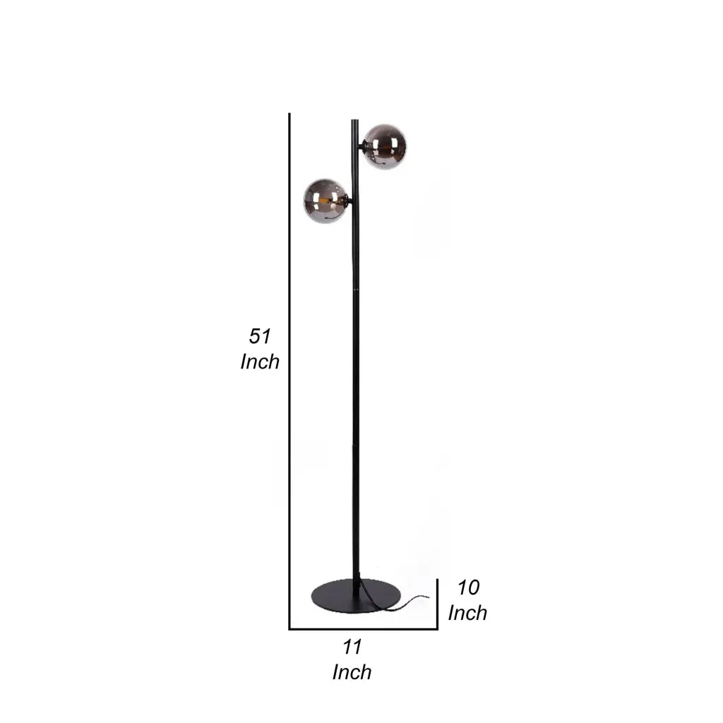 51 Inch Modern Floor Lamp, 2 Side Lights with Round Glass, Black Metal  By Casagear Home