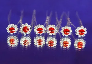 6 X Bridal Wedding Red Flower Rhinestone Hair Pins XP1048