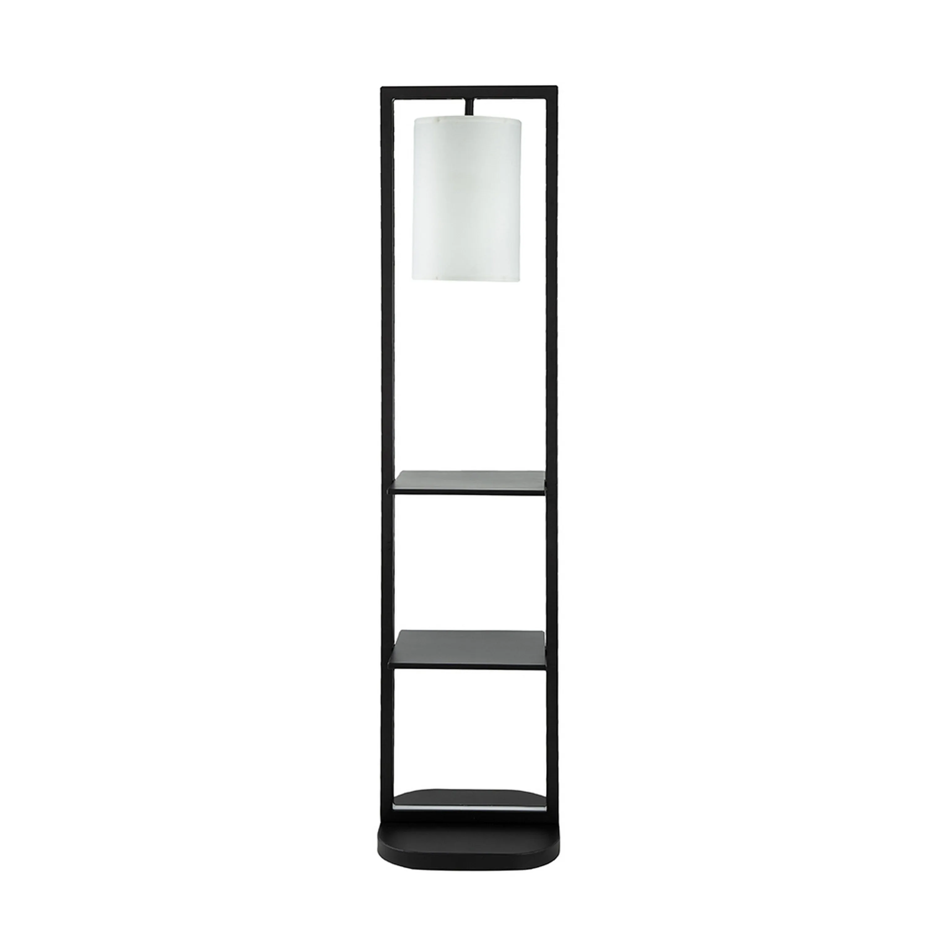 74 Inch Floor Lamp with 2 Shelves, Round Lampshade, Black Iron, White By Casagear Home