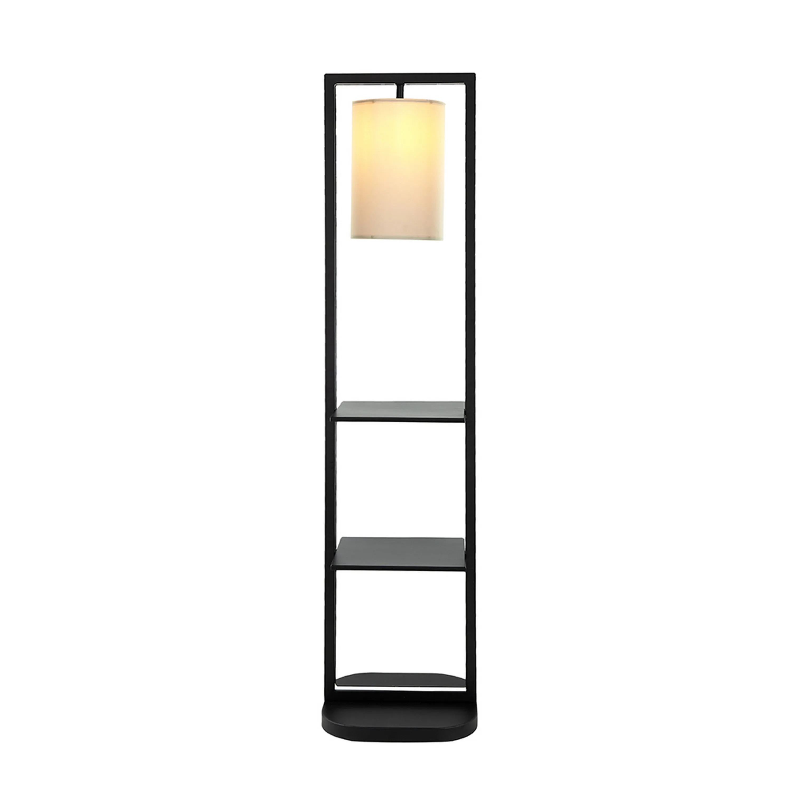 74 Inch Floor Lamp with 2 Shelves, Round Lampshade, Black Iron, White By Casagear Home