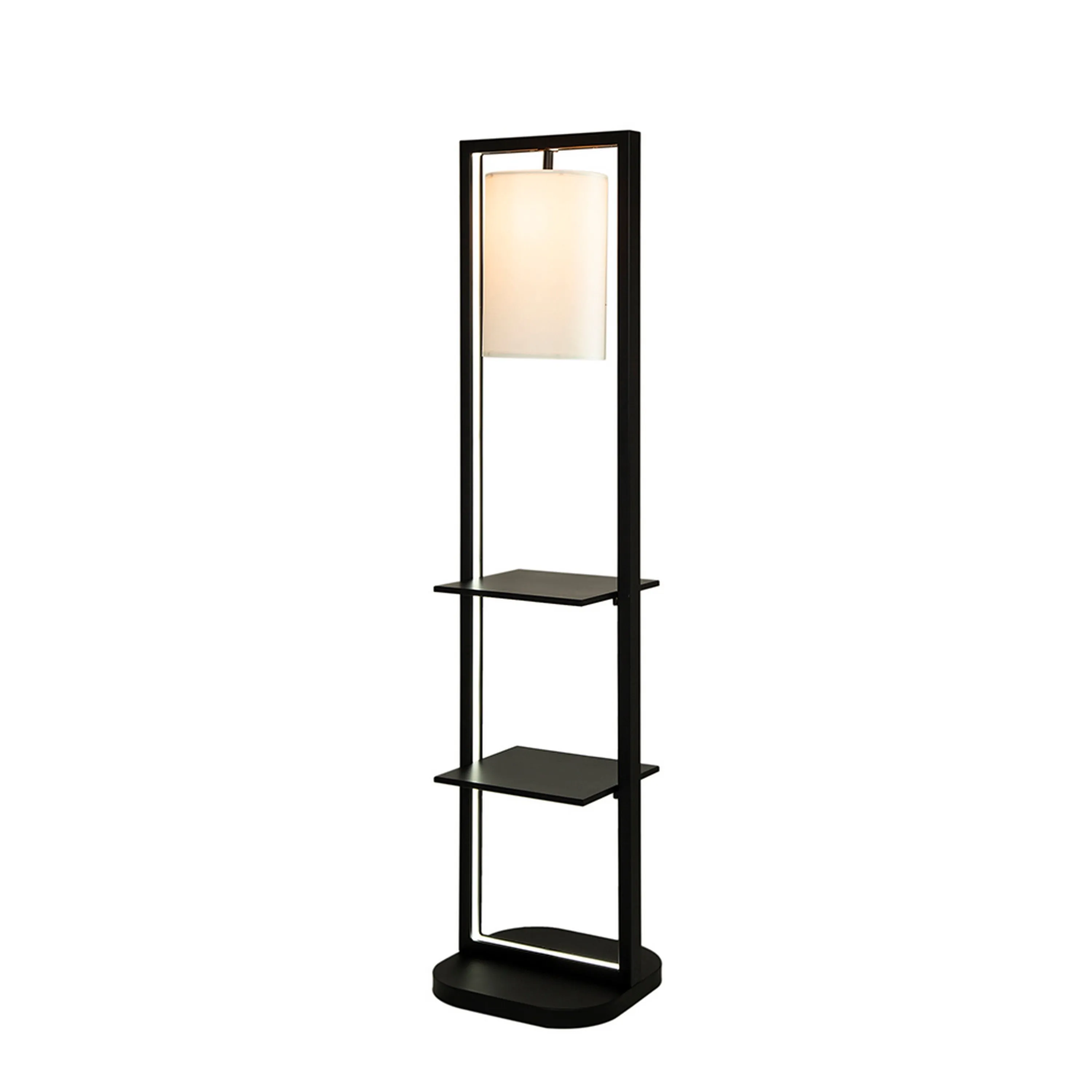 74 Inch Floor Lamp with 2 Shelves, Round Lampshade, Black Iron, White By Casagear Home