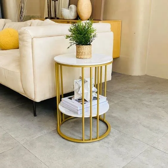 Aaliya Mart End Table Round Coffee Table for Livng Room-Metal Frame Sofa Side Table with MDF Top Golden and White