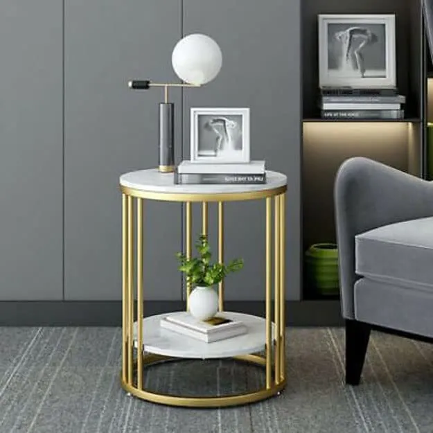 Aaliya Mart End Table Round Coffee Table for Livng Room-Metal Frame Sofa Side Table with MDF Top Golden and White