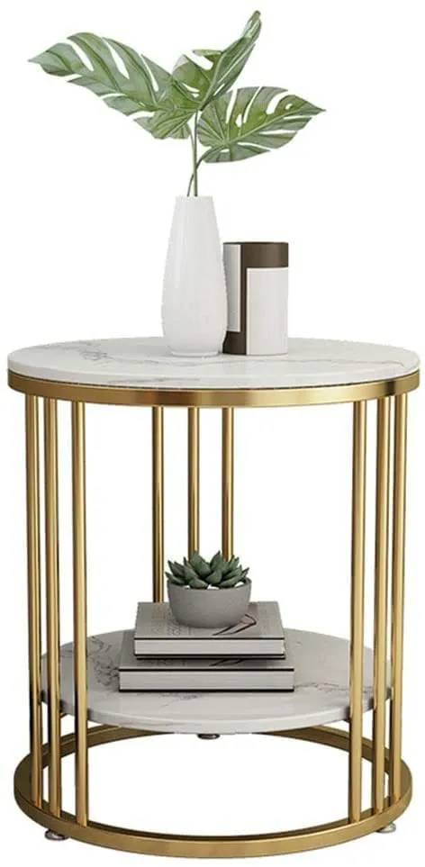 Aaliya Mart End Table Round Coffee Table for Livng Room-Metal Frame Sofa Side Table with MDF Top Golden and White