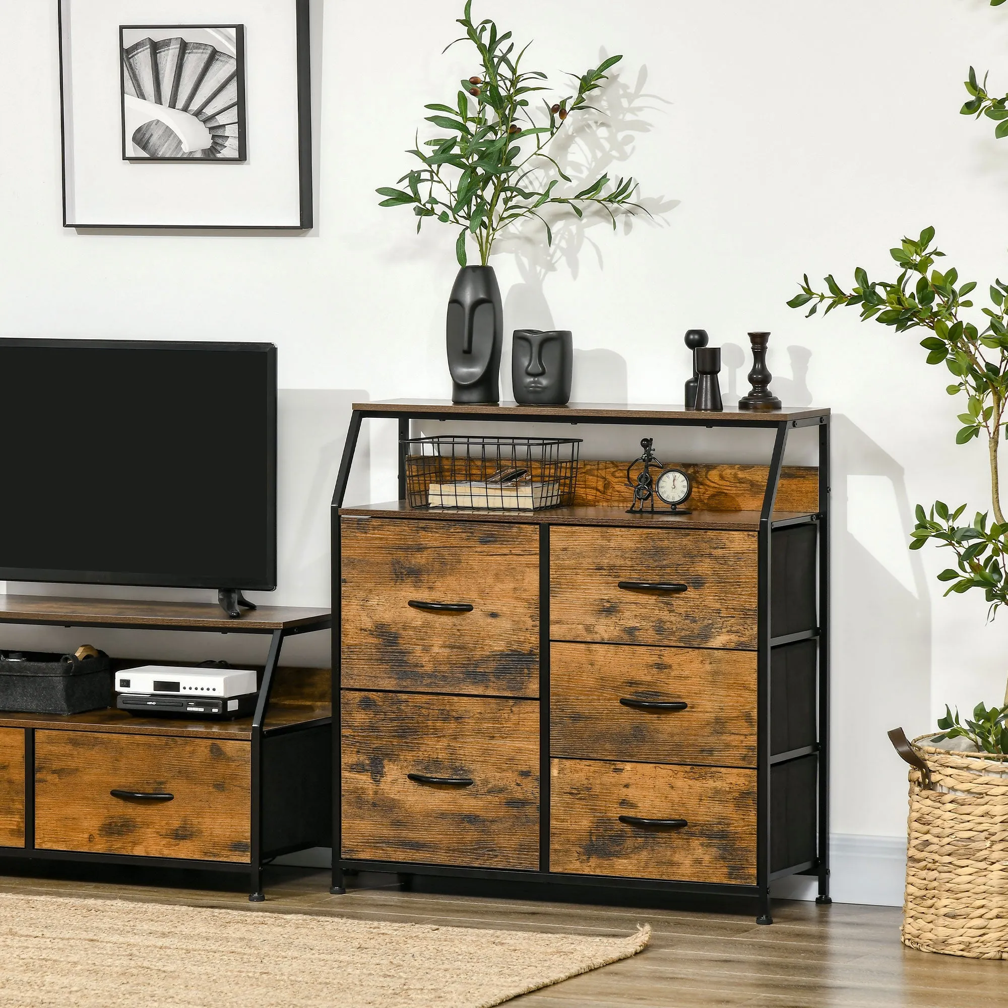 Bedroom Chest of Drawers, Industrial 5 Fabric Drawer Dresser with Open Shelf for Living Room, Rustic Brown