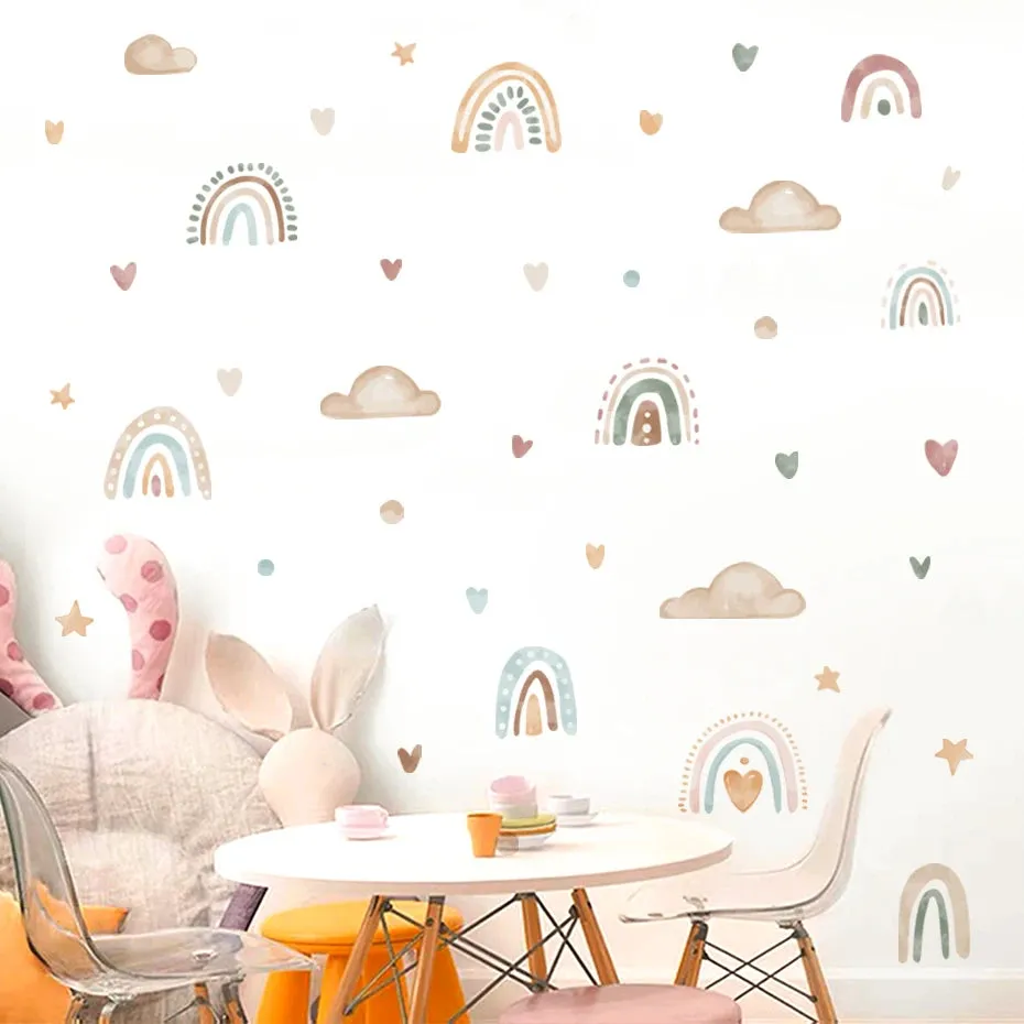 Cute Rainbow Clouds & Love Hearts Wall Stickers For Nursery Room Removable PVC Vinyl Wall Decals For Kid's Room Creative DIY Home Decor