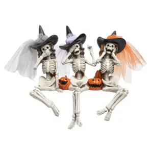 December Diamonds Candy Corn Halloween Set Of 3 Skeleton Witches Sitting.