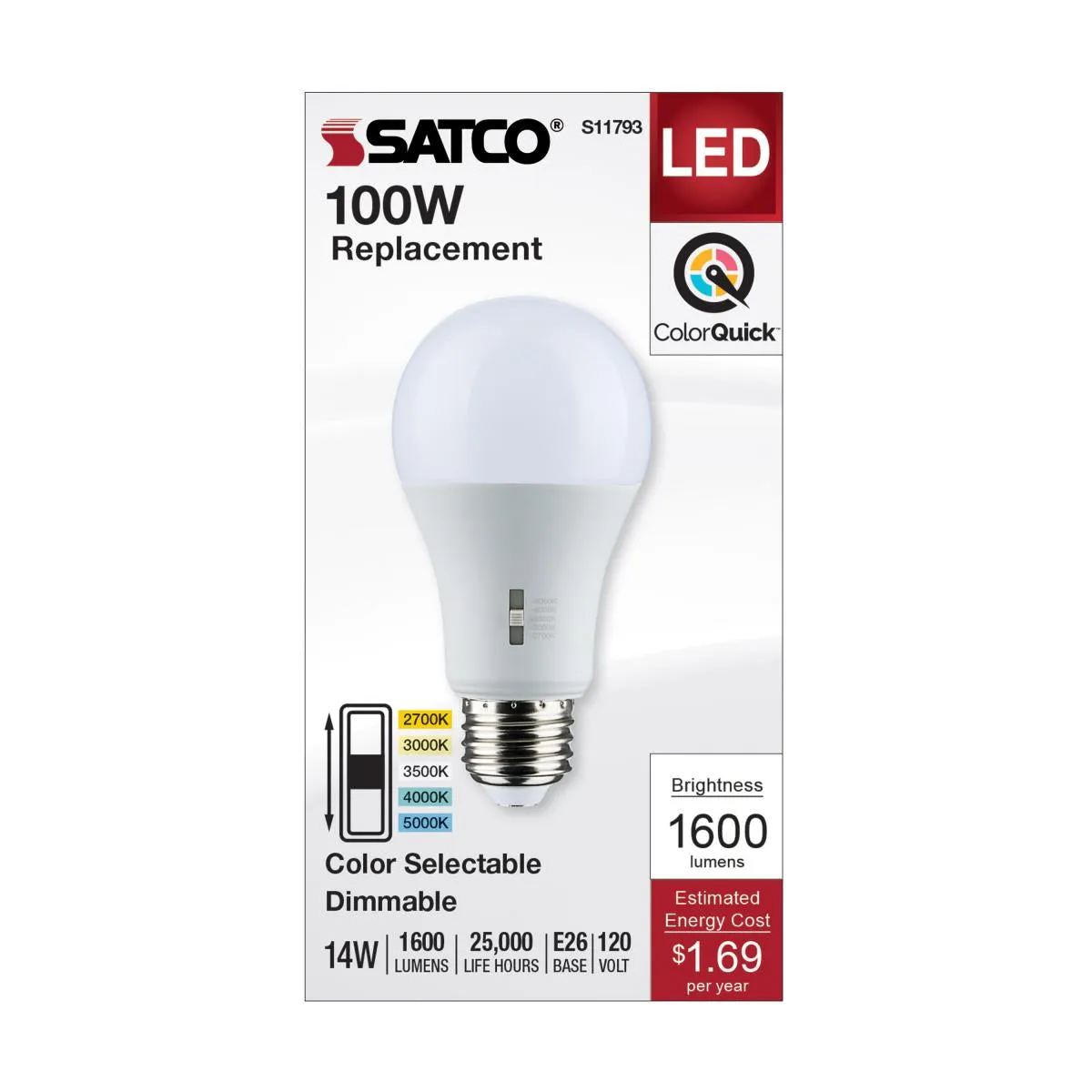 Dimmable A19 LED Bulb, 14 Watts, 1600 Lumens, Selectable 30K|40K|50K, 100W Equal, E26 Medium