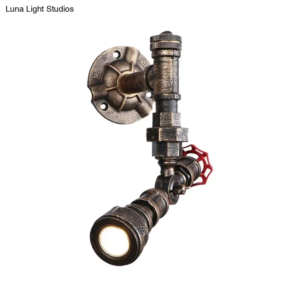 Farmhouse Water Pipe Iron Wall Lamp in Bronze with Red Valve Deco - 1/2-Bulb Sconce Light Fixture