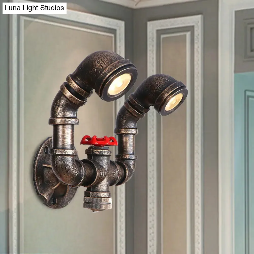 Farmhouse Water Pipe Iron Wall Lamp in Bronze with Red Valve Deco - 1/2-Bulb Sconce Light Fixture