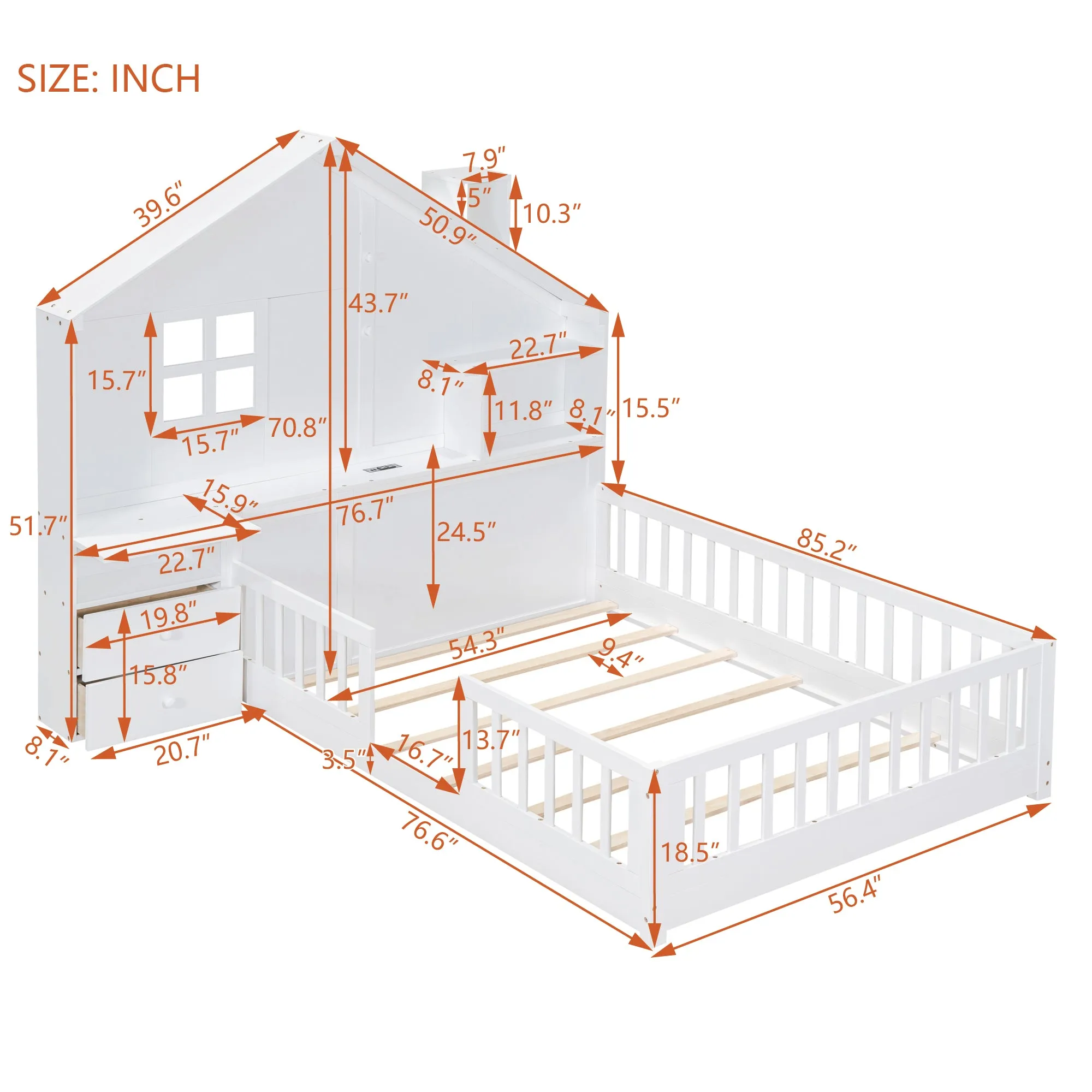 Full Size House Bed with Window and Bedside Drawers, Platform Bed with Shelves and a set of Sockets and USB Port, White