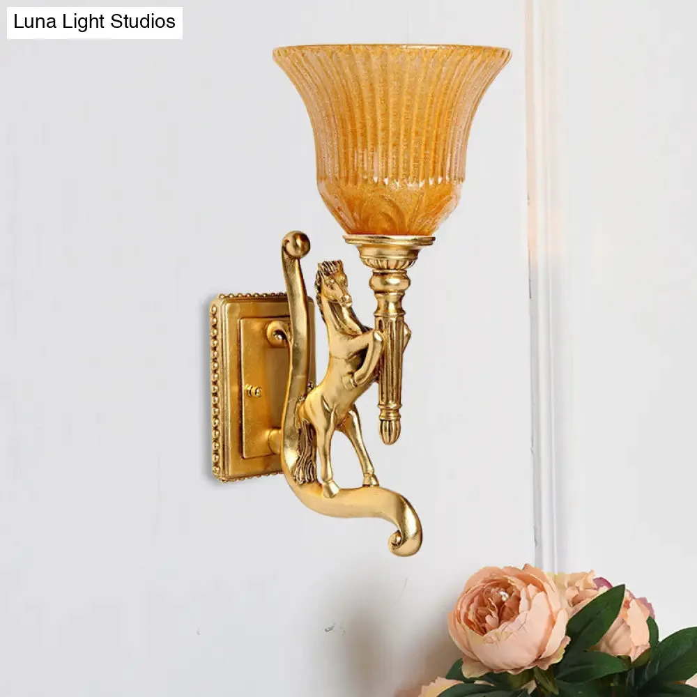 Golden Steed Resin Wall Lamp with Upward Amber Carved Shade - Vintage Retro Style