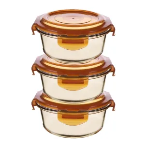 Homestic Borosilicate Glass Container With PP Lid-Round|JDA026-AMB|Light Orange|580 ML|Pack Of 3