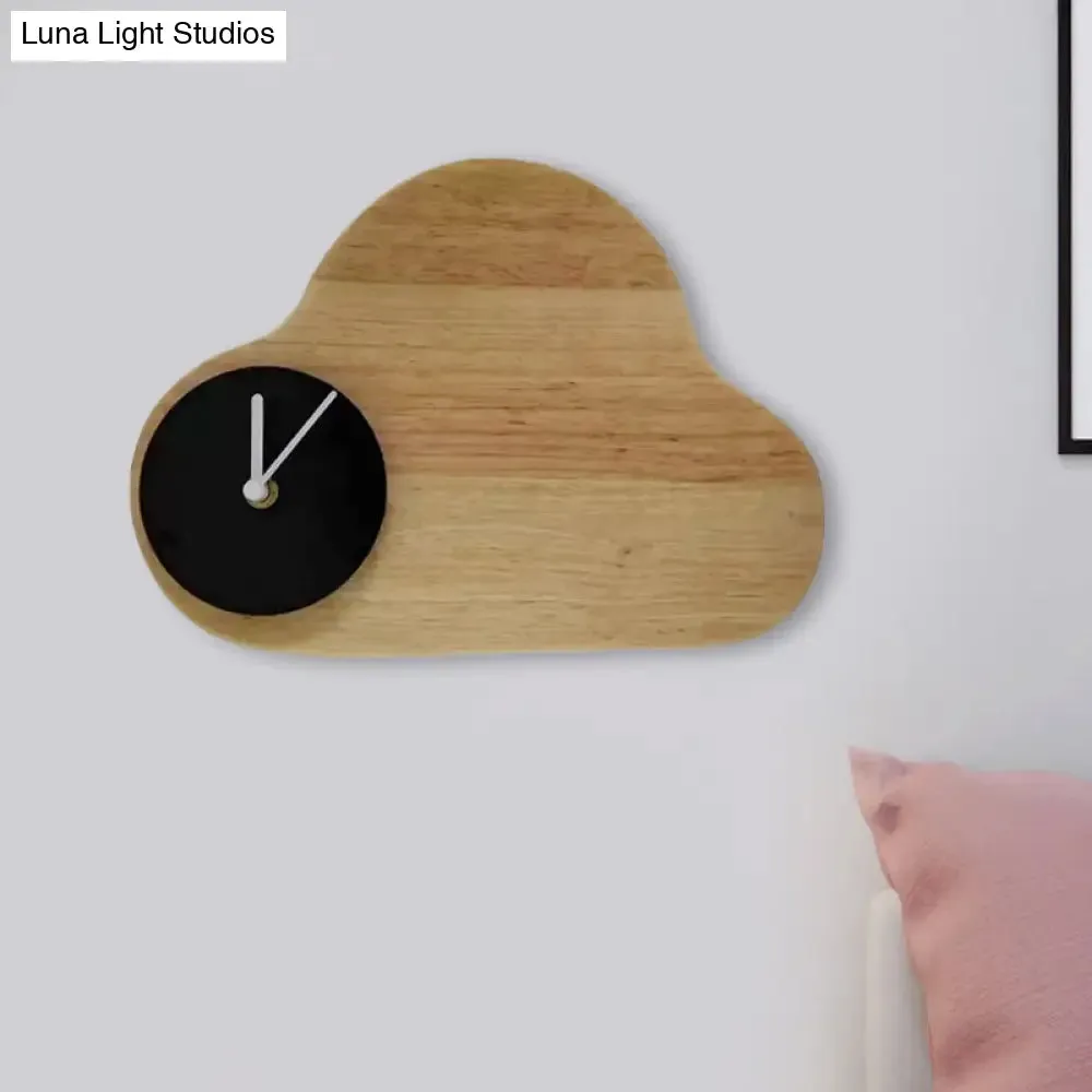 Kids Cartoon Cloud LED Wood Flush Mount Wall Sconce Light with Clock - Black/White, Warm/White Light