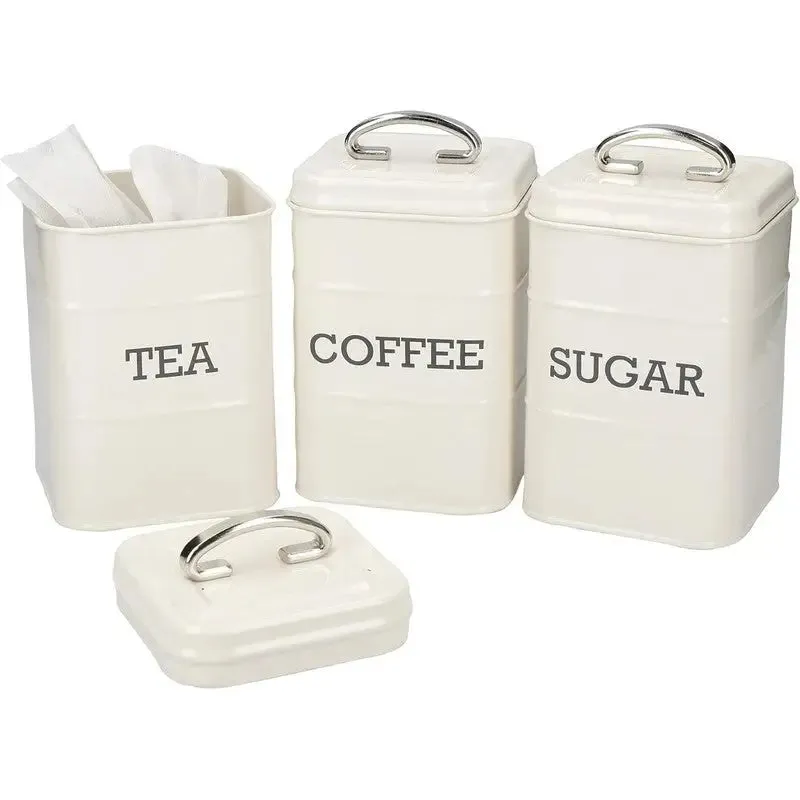 KitchenCraft Living Nostalgia Tea, Coffee and Sugar Canisters in Gift Box, Steel - Antique Cream