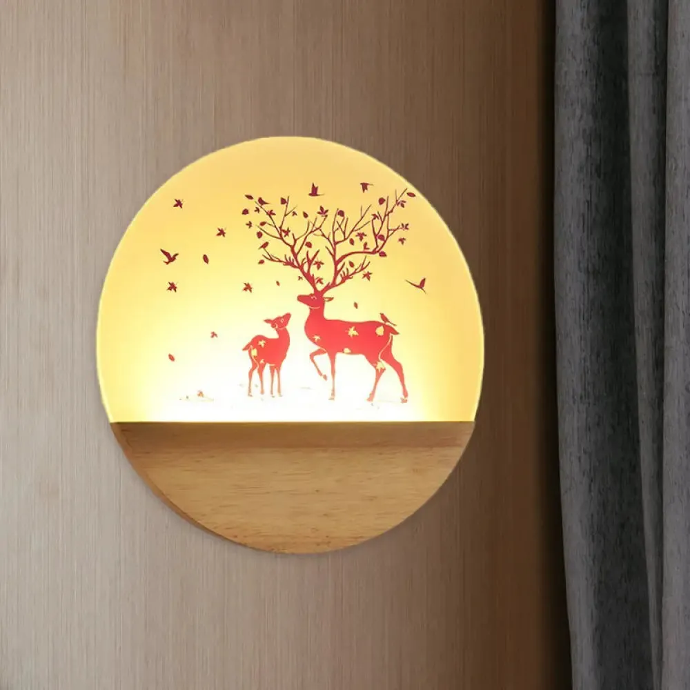 Nordic Wood Sconce with LED Mural Light, Deer/Bird Patterned Acrylic Shade - Ideal for Bedroom Wall Mount