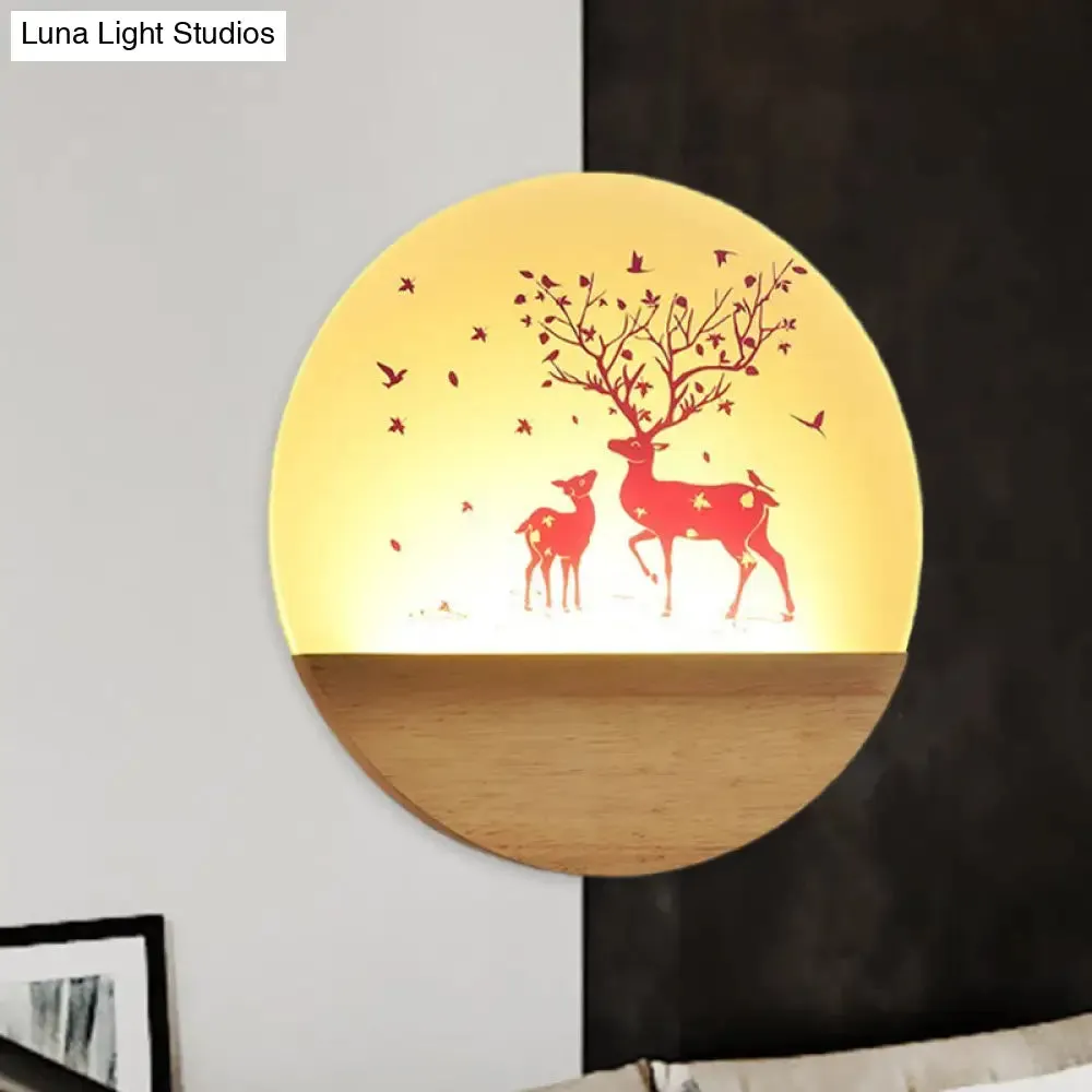 Nordic Wood Sconce with LED Mural Light, Deer/Bird Patterned Acrylic Shade - Ideal for Bedroom Wall Mount