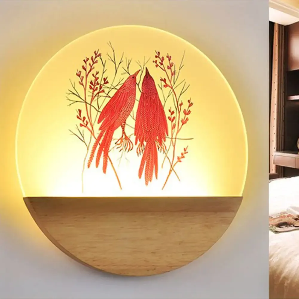 Nordic Wood Sconce with LED Mural Light, Deer/Bird Patterned Acrylic Shade - Ideal for Bedroom Wall Mount