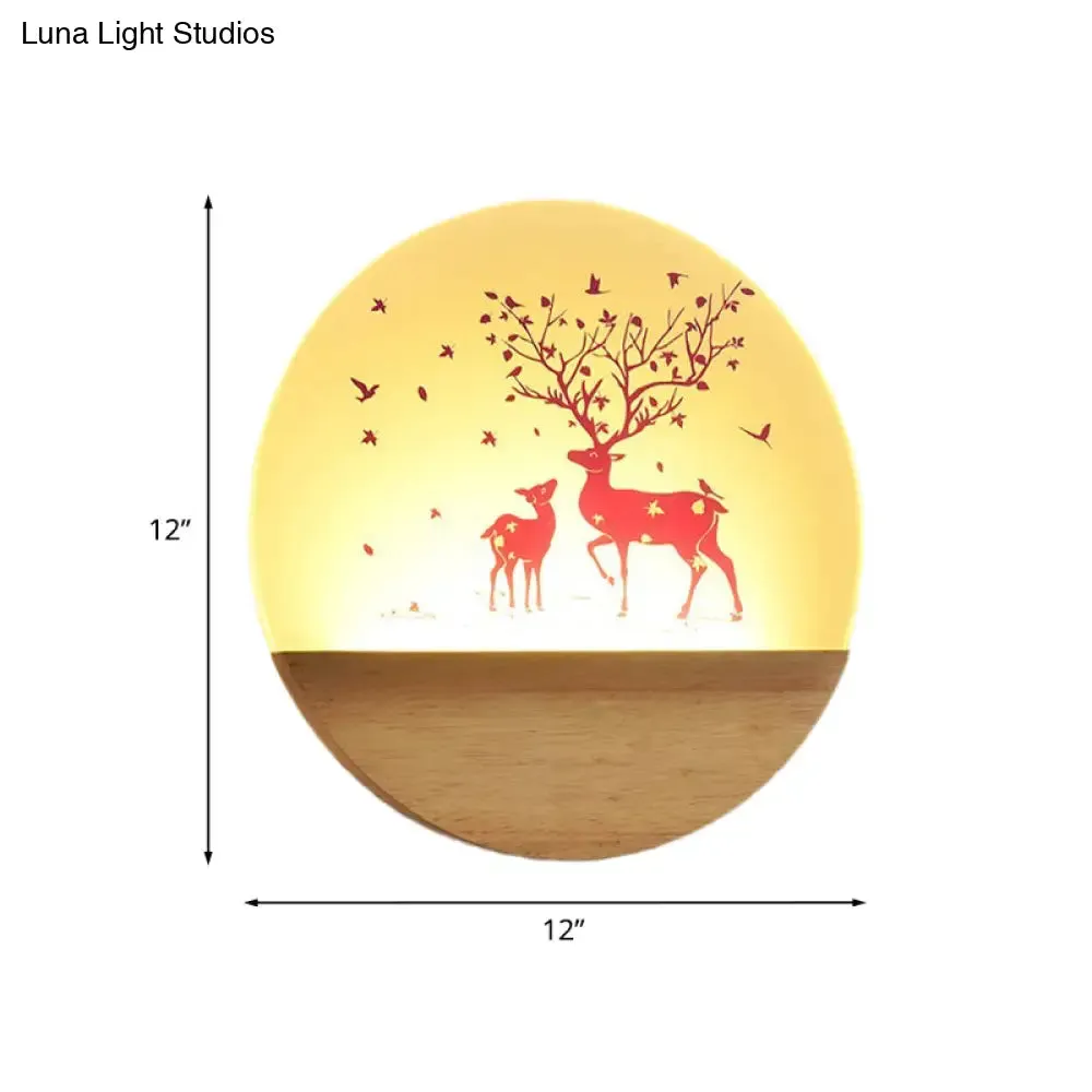 Nordic Wood Sconce with LED Mural Light, Deer/Bird Patterned Acrylic Shade - Ideal for Bedroom Wall Mount