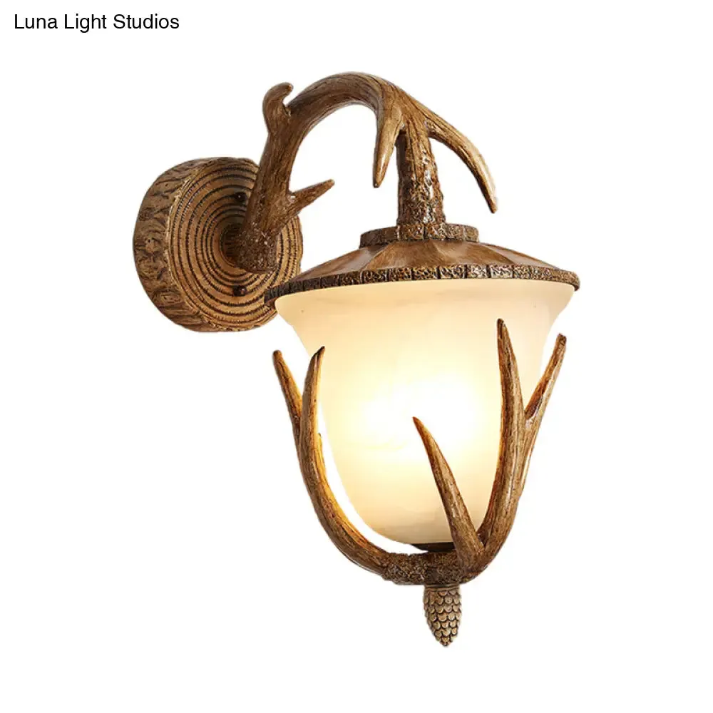 Pinecone Shade Sconce Light Fixture - Resin and Frosted Glass Wall Mount Lighting in Wood for Hallways