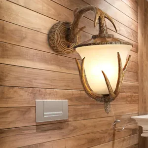 Pinecone Shade Sconce Light Fixture - Resin and Frosted Glass Wall Mount Lighting in Wood for Hallways