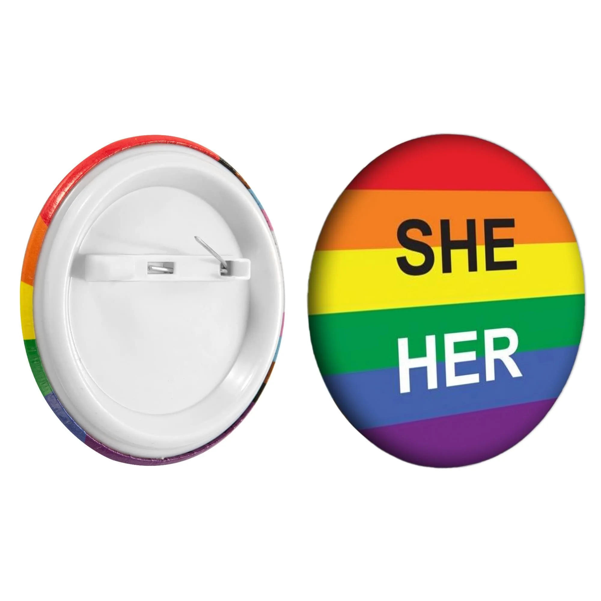 Pronoun She/Her Rainbow Striped Circle Button Pins