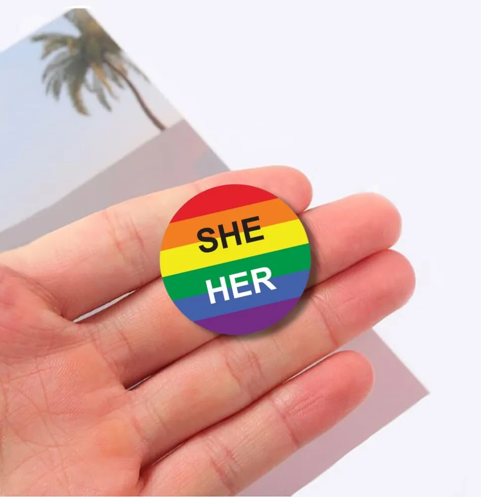 Pronoun She/Her Rainbow Striped Circle Button Pins