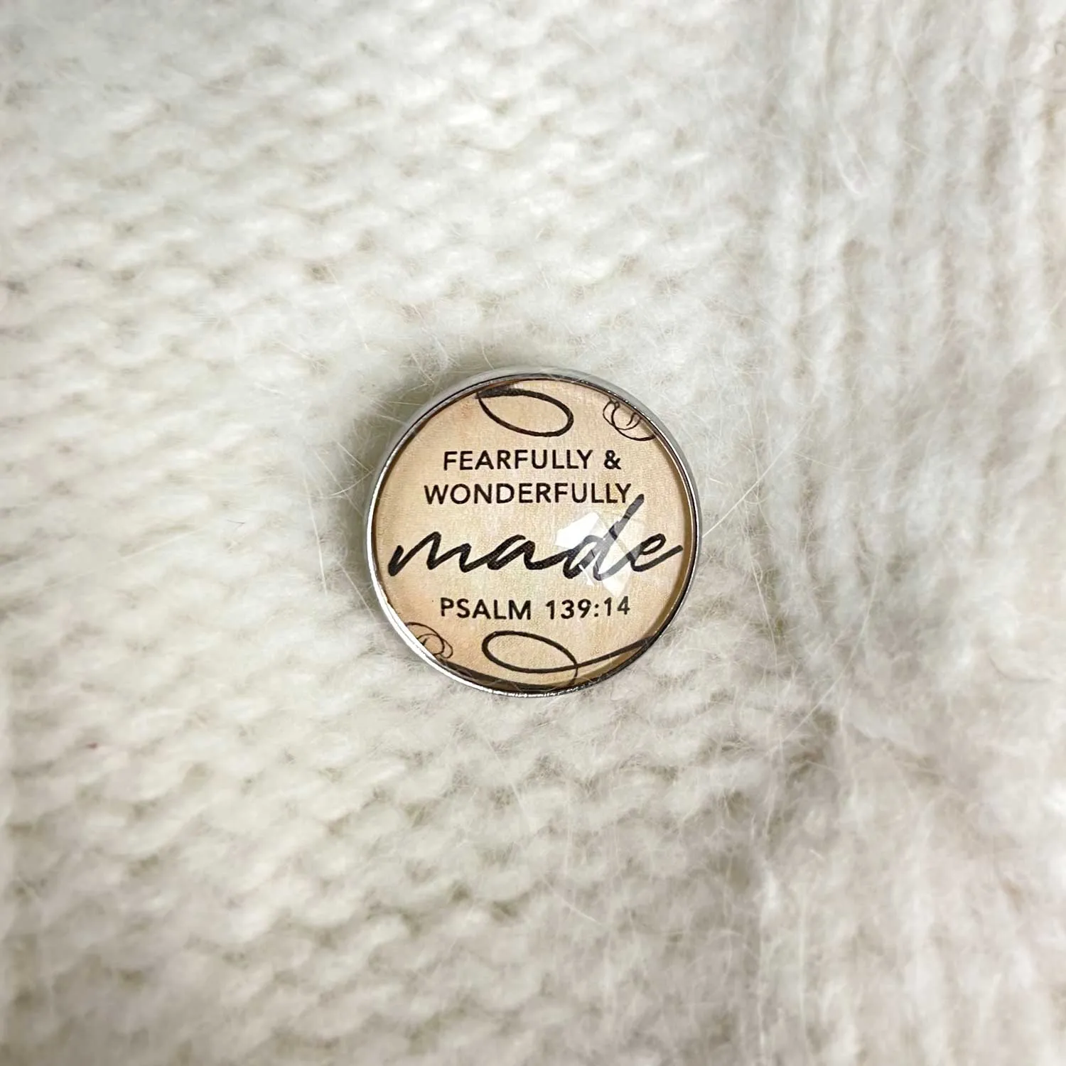 "Fearfully & Wonderfully Made" Set of Glass Pinback Buttons, Lapel Pins