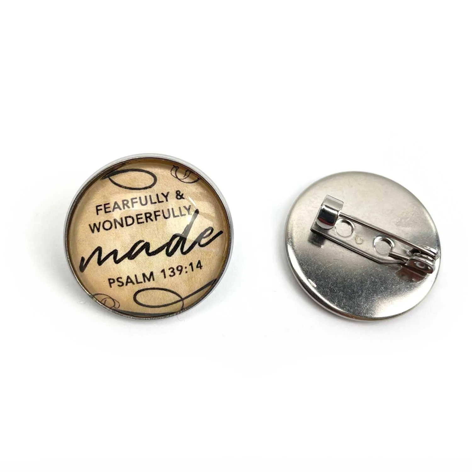 "Fearfully & Wonderfully Made" Set of Glass Pinback Buttons, Lapel Pins