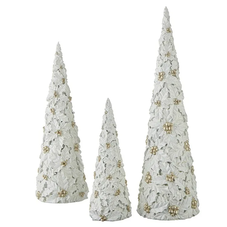 Raz 2022 City Of Lights 17.5" Glittered White & Gold Poinsettia Cone Tree, 3 Set