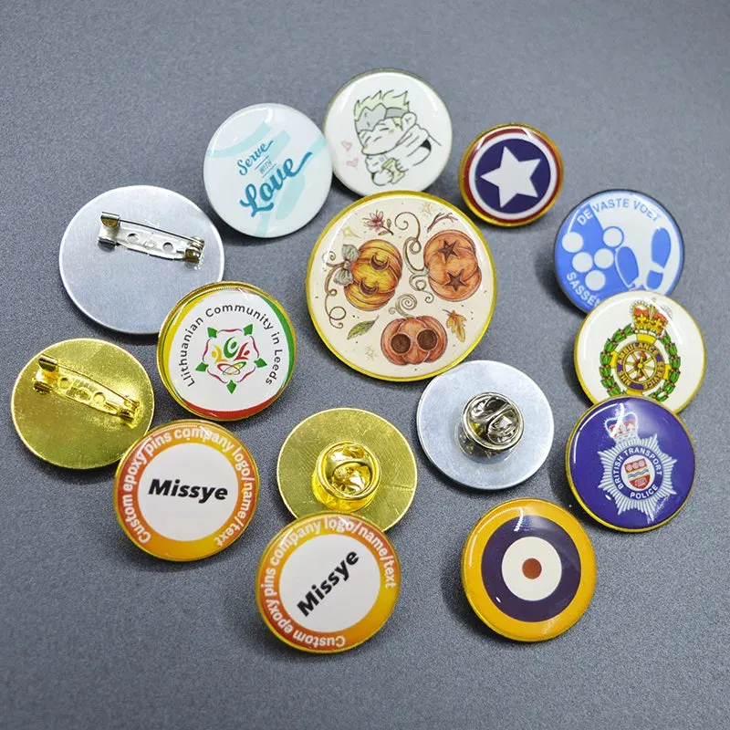 Shirley Custom 100pcs/lot epoxy domed pins personalized metal badges lapel pins pines metálicos