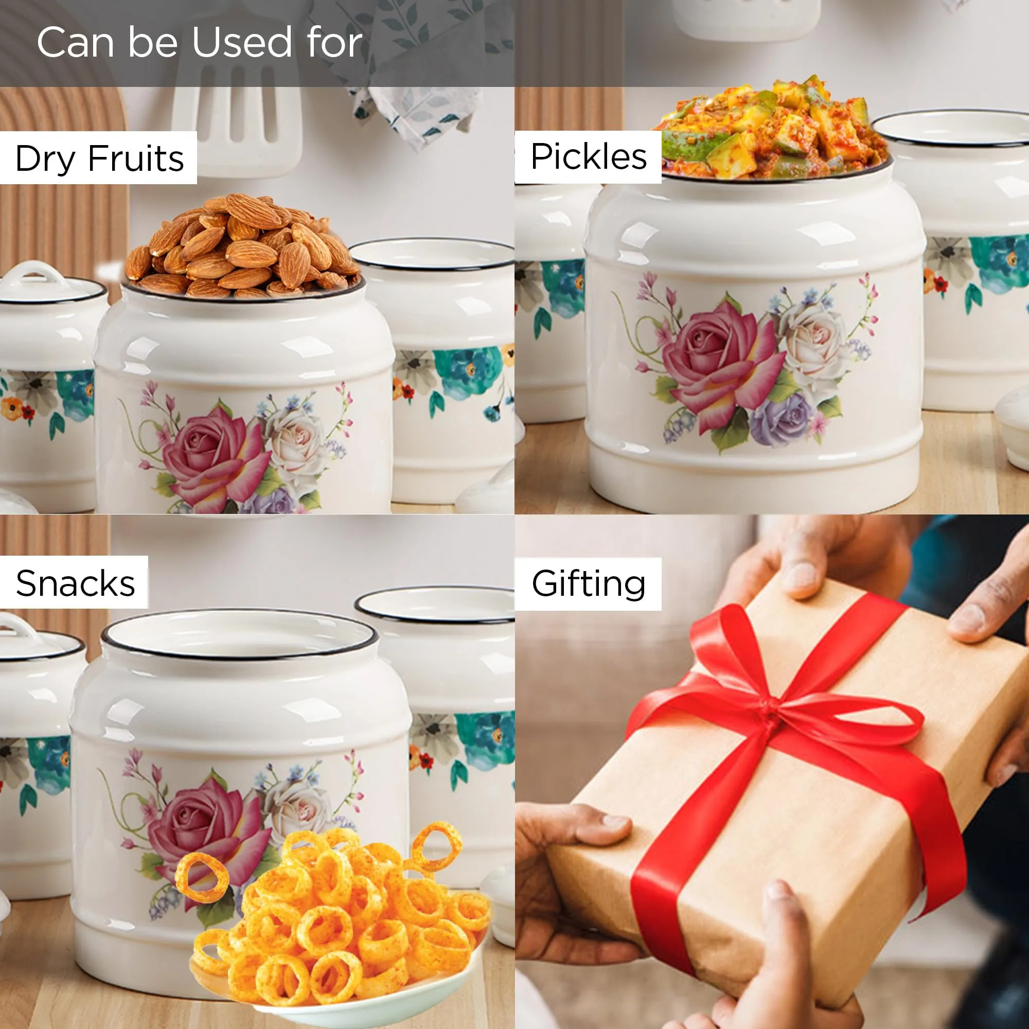 UMAI Ceramic Jar for Kitchen Storage with Lid | Airtight Ceramic Container | Multipurpose Kitchen Storage Jars and Containers | 2200ml | White | Printed (1 Jar)