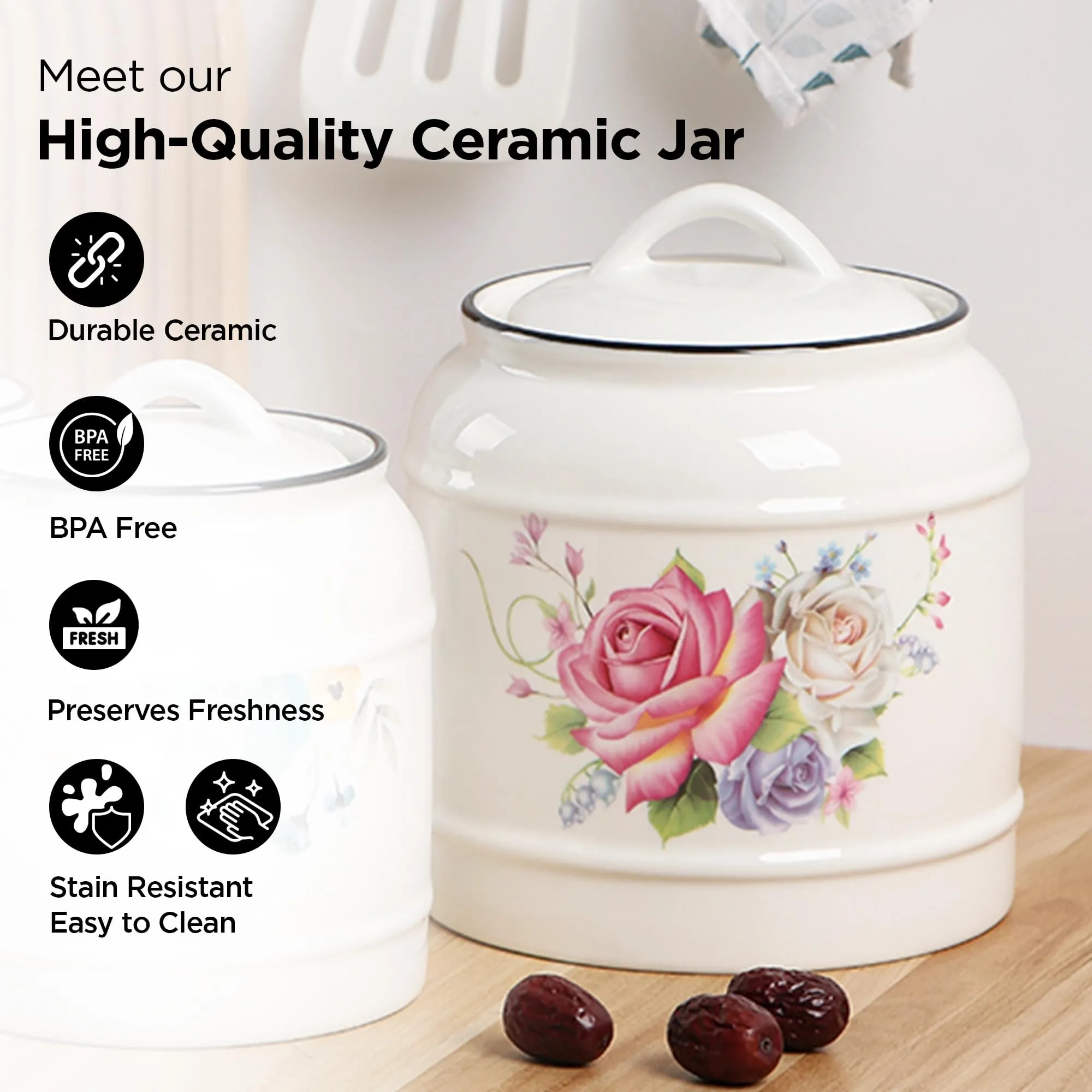 UMAI Ceramic Jar for Kitchen Storage with Lid | Airtight Ceramic Container | Multipurpose Kitchen Storage Jars and Containers | 2200ml | White | Printed (1 Jar)