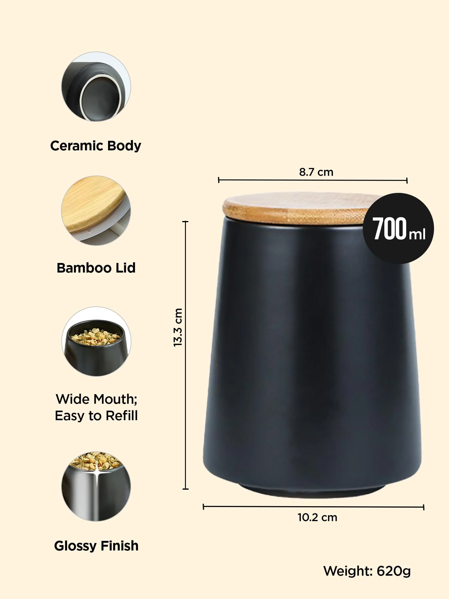 UMAI Ceramic Jar with Bamboo Lid | Kitchen Organizer Items and Storage | Multipurpose Airtight Container for Sugar,Salt,Snacks,Tea,Coffee|Kitchen Accessories Items| 700ml (Black)