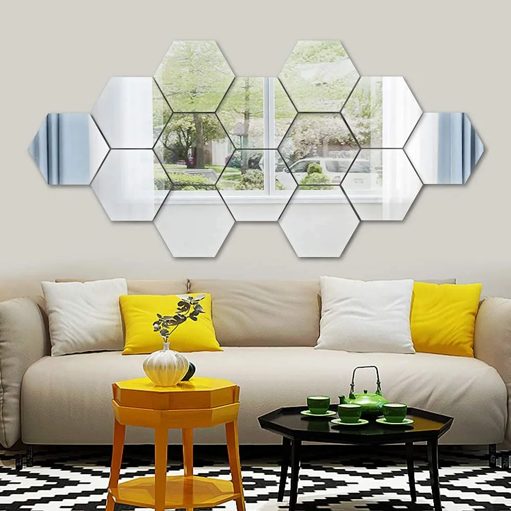 WallWear Self Adhesive 14 Hexagon Silver 3D Acrylic Wall Sticker, 3D Acrylic Stickers for Wall, 3D Acrylic Mirror Stickers, Bedroom, Kids Room, 3D Acrylic Mural for Home & Offices Decorative Items,