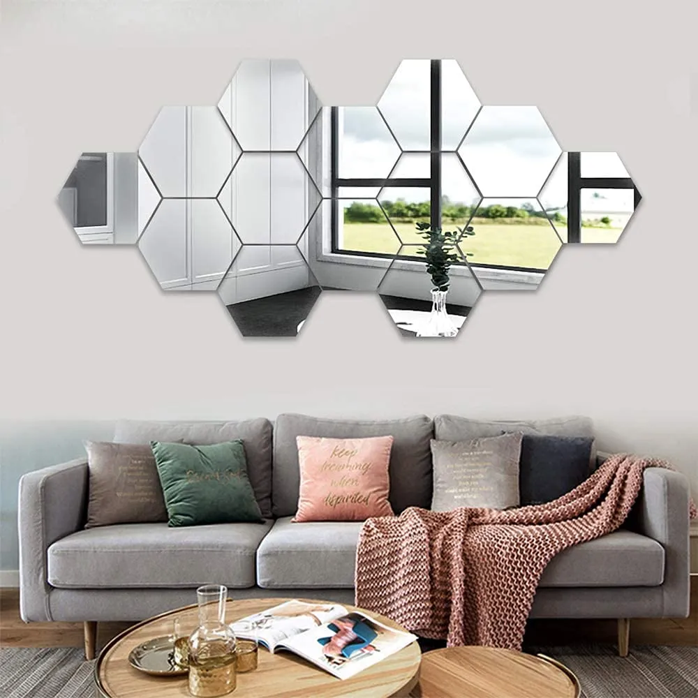 WallWear Self Adhesive 14 Hexagon Silver 3D Acrylic Wall Sticker, 3D Acrylic Stickers for Wall, 3D Acrylic Mirror Stickers, Bedroom, Kids Room, 3D Acrylic Mural for Home & Offices Decorative Items,