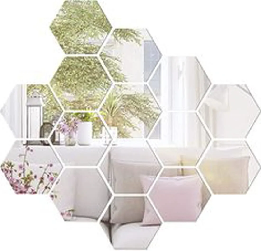 WallWear Self Adhesive 15 Hexagon Silver 3D Acrylic Wall Sticker, 3D Acrylic Stickers for Wall, 3D Acrylic Mirror Stickers, Bedroom, Kids Room, 3D Acrylic Mural for Home & Offices Decor Items,