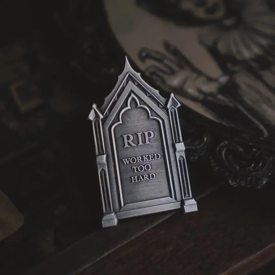 “Worked Too Hard” Gravestone Enamel Pin by Lively Ghosts